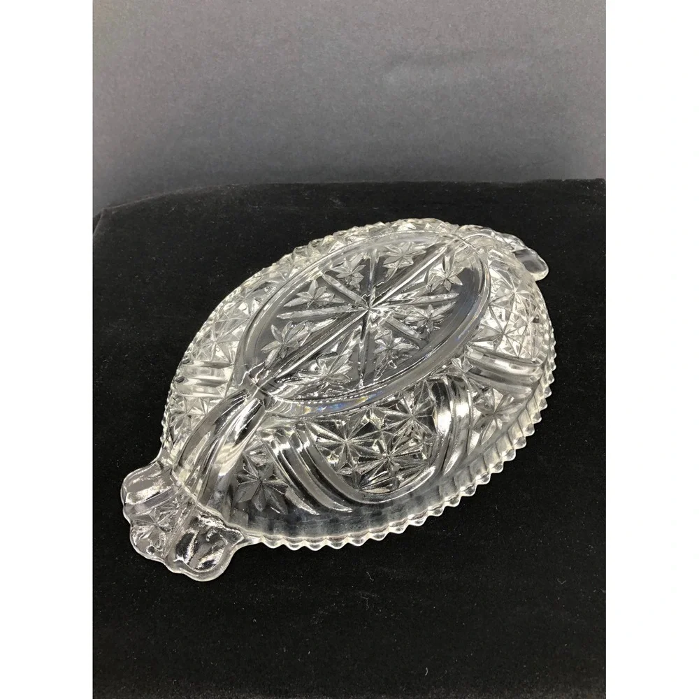 Vintage Clear Pressed Glass Divided Relish Dish Starburst Oval Serving Tray 10